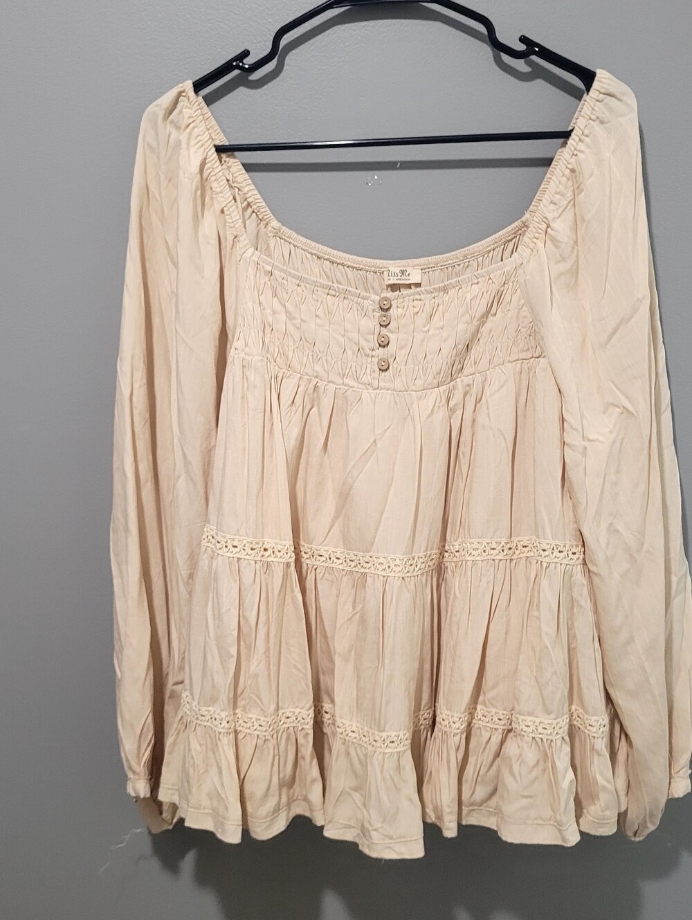 MISS ME Boho Cream Tan Babydoll top Sz M